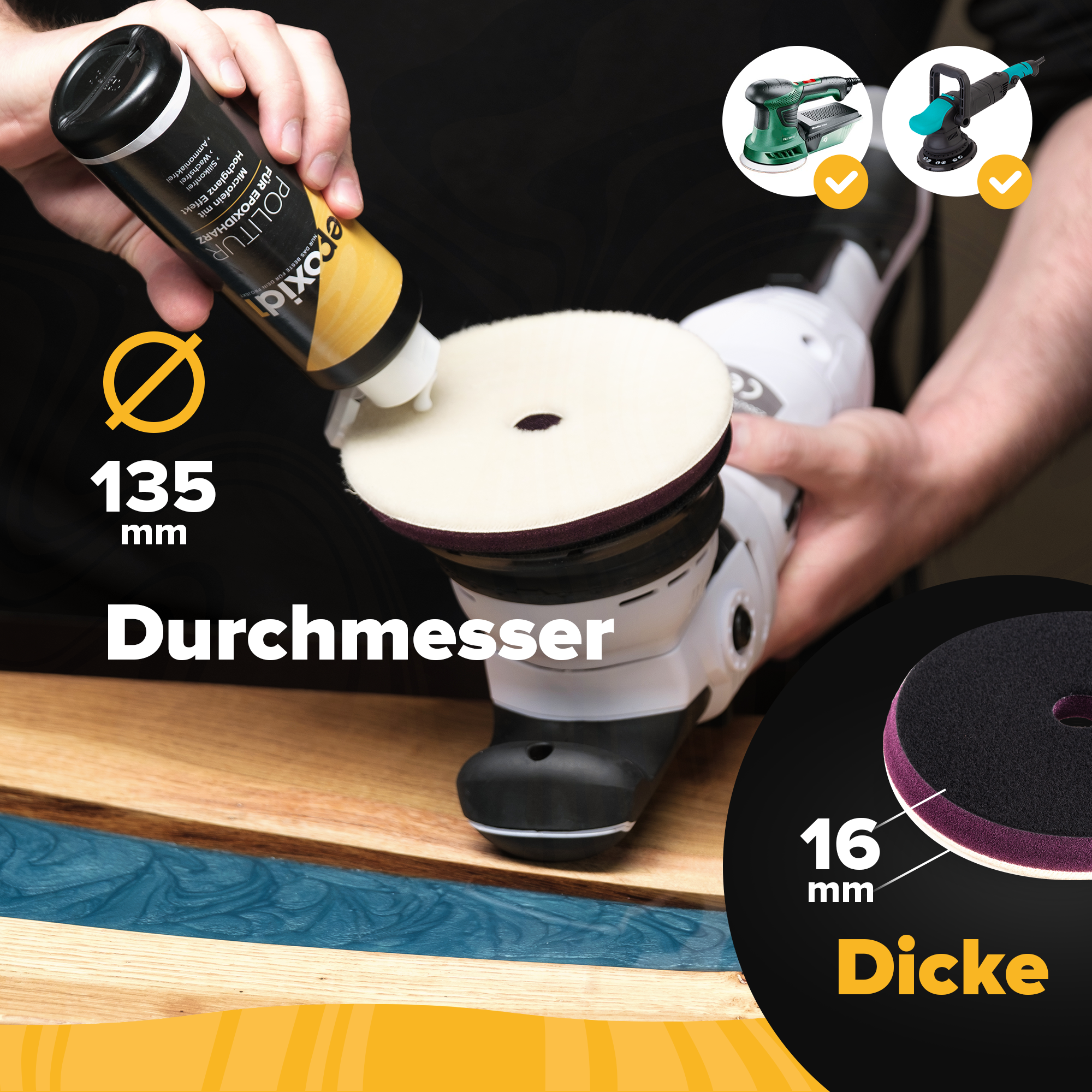 Die epoxid1 Polierpads für Epoxidharz haben einen Durchmesser von 135mm und eine Dicke von 16mm